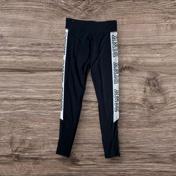 PINK Victoria's Secret Athletic Black Leggings w White Logo Mesh Accent on Legs - Picture 3 of 6